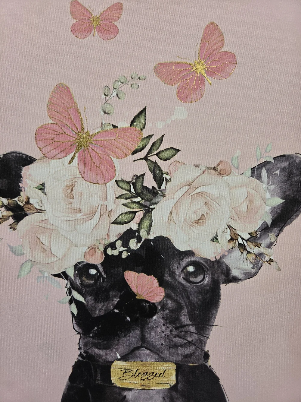 Pink Floral French Bulldog Wall Art Canvas